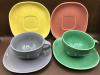 Mid Century Modern Pottery 5 Dessert Plates 6.5 inch 2 Teacups & Saucers plus 2 Saucers only - 3