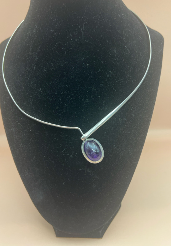 925 Sterling Silver Amethyst Hard Chain Necklace