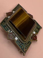 Antique Tiger Eye and Enamel Brooch