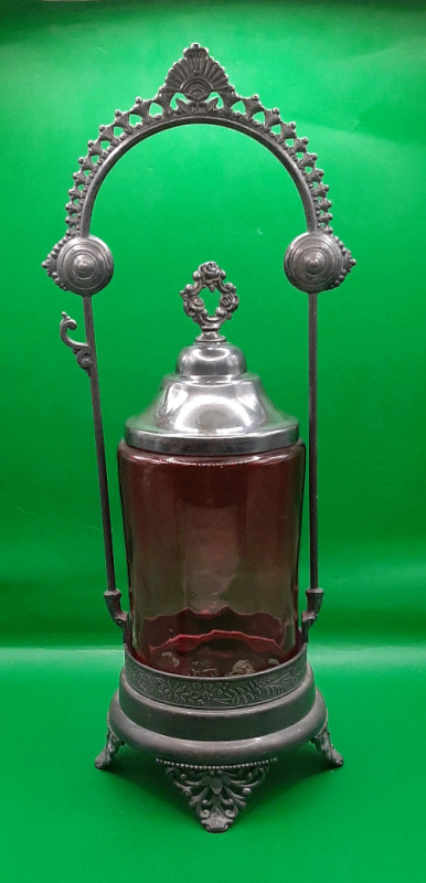 Antique Cranberry Thumbprint Pickle Caster with Silverplate Stand