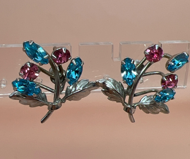 Sterling Pink and Blue Rhinestone Bond Boyd Earrings