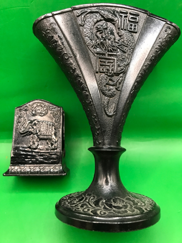 Vintage Japanned Silverplate Fan Vase/Cigarette Holder 5 inches tall & Match Holder with Elephant