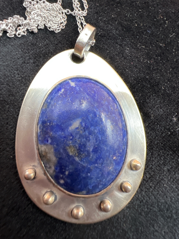 Lapis Lazuli Sterling Pendant and Chain Mid Century Modern