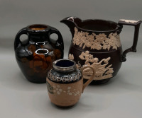 Antique Royal Doulton Pottery Jug with Sterling Silver Rim with Repair Antique Mid 19th Century Sprigged Pottery Jug with Repairs Vintage Dark Brown Vase with Rose