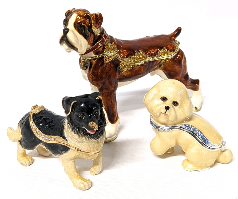 3 Enameled Dog Themed Trinket Boxes : Boxer, Collie & Bichon Fries