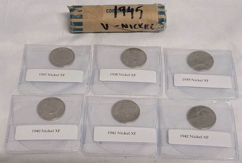 1945 Canadian Five Cent V Nickel Roll & 1937 - 1942 Five Cent Nickels w/XF written