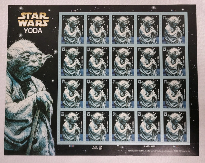 2007 US Postal ' Star Wars YODA ' 41 Cent Postage Stamp Panel . 20 Stamps