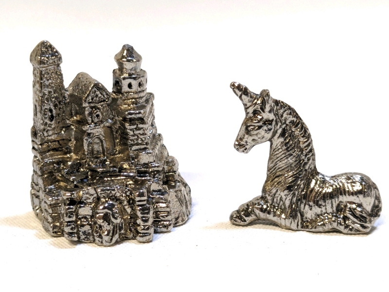 24 Vintage Cast Metal Miniatures : 12 Castles & 12 Sitting Unicorns