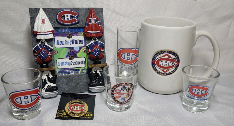 NHL Montreal Canadians Memorabilia - 5 Glasses , Pin & Picture Frame