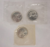 1965 Canadian Silver Quarters Uncirculated in Cellophane , Three (3) Quarters