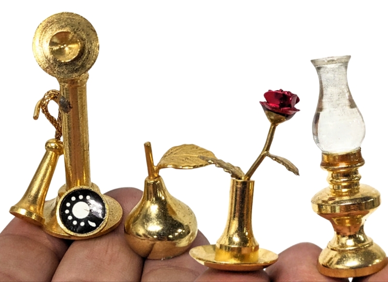 Vintage Copper-Tone Old Timey Telephones, Minature Oil Lamps, Roses in Vases - 45+ Pieces!