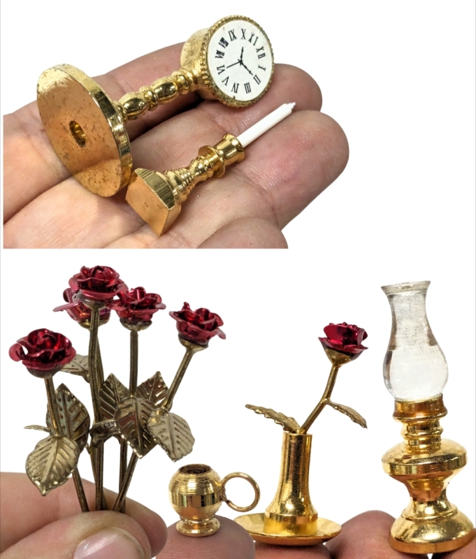 Vintage Copper-Tone Minature Candlesticks , Oil Lamps, Old Timey Telephones , Roses in Vases, Larger Roses & Clocks - Over 45 Pieces!