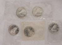 1964 & 1965 Canadian Silver Dimes in Cellophane , Uncirculated . Five (5) Dimes