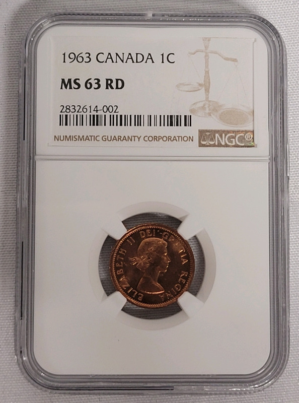 1963 Canadian One Cent Penny . NGC Graded MS 63 RD