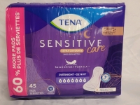 New - Tena Sensitive Care Overnight Extra Coverage Pads , 45 Pack