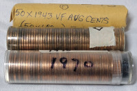 1943 , 1959 & 1970 Canadian One Cent Penny Rolls , One Roll for Each Yaer