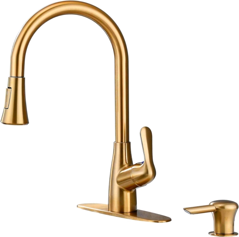 New Derengge KF-058DS-CS Single Handle Pull-Down Kitchen Faucet with Soap Dispenser and Deck Plate, 2 Hole or 4 Hole Installation