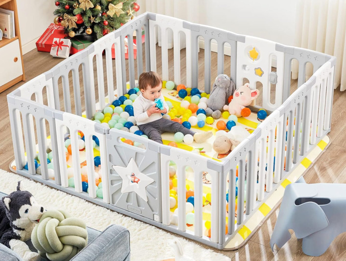 Coolever Baby Playpen, Safety Baby Gate Playpen for Babies and Toddlers Sturdy and Immovable Baby Fence Play Area Activity Center Portable Design for Indoor Outdoor (Grey+White+Star 16 Panel)