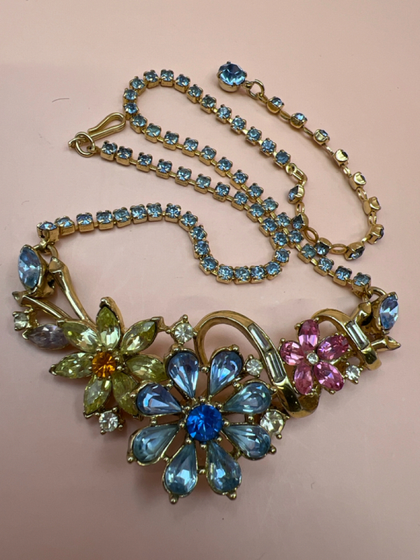 Vintage Corocraft Necklace Rhinestone Pastel Flowers Signed