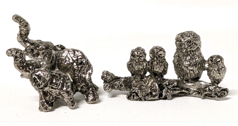 24 Vintage Pewter Miniatures : 12 Lucky Elephants & 12 Owl Quartet