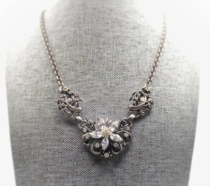 Vintage 1940s Signed CORO Antique Silver Tone & Rhinestone Necklace