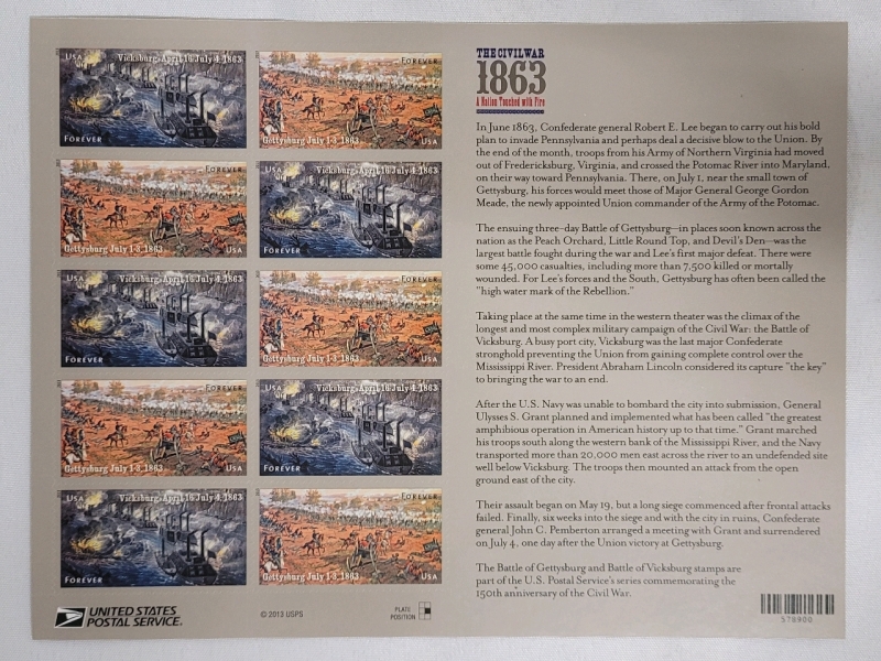 2013 US Postal ' The Civil War 1863 ' 46 Cent Postage Stamp Panel , 12 Stamps