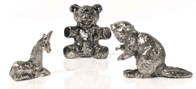36 Vintage Cast Pewter miniatures : Unicorns (14), Teddy Bears (11) & Beavers (11)
