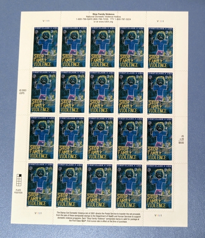 2003 US Postal ' Stop Family Violence ' First Class Postage Stamp Panel - 20 Stamps