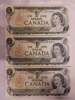 Three (3) 1973 Canadian Bank of Canada One Dollar Bank Notes , Bills Have Been in Circulation