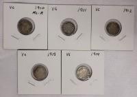 1910 - 1914 Canadian Silver Five Cent Nickels , Five (5) Nickels , Various Condition