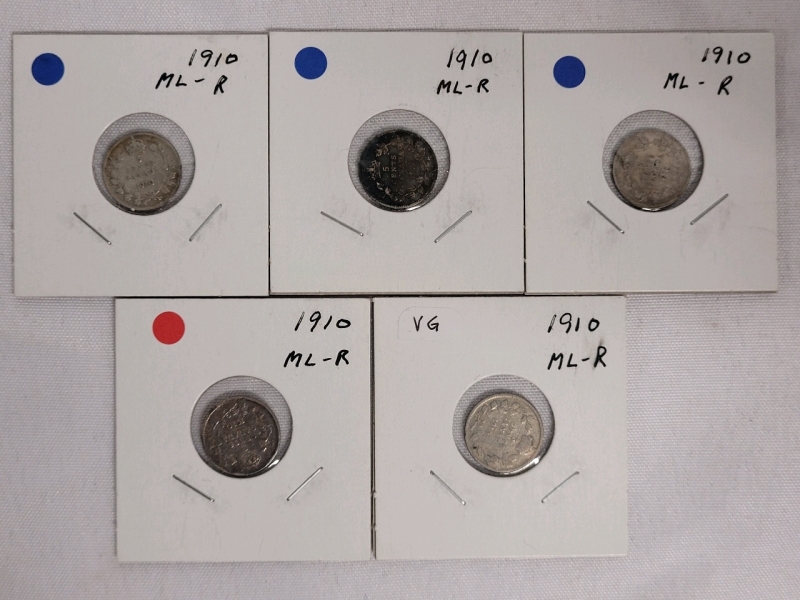 1910 Canadian Silver Five Cent Nickels , Five (5) 1910 Nickels , Various Condition