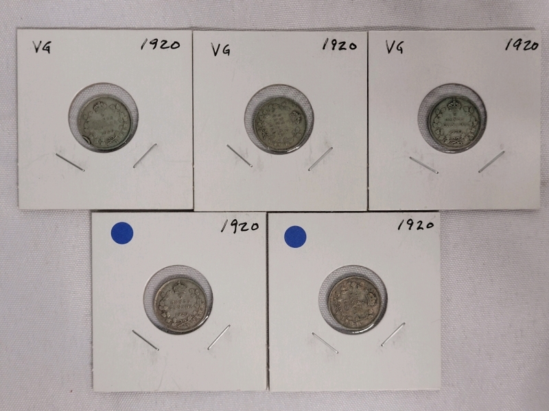 1920 Canadian Silver Five Cent Nickels , Five (5) Nickels in Various Condition