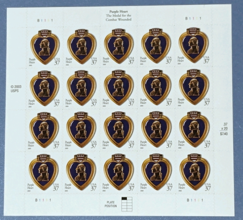 2003 US Postal ' Purple Heart ' 37 Cent Postage Stamp Panel - 20 Stamps