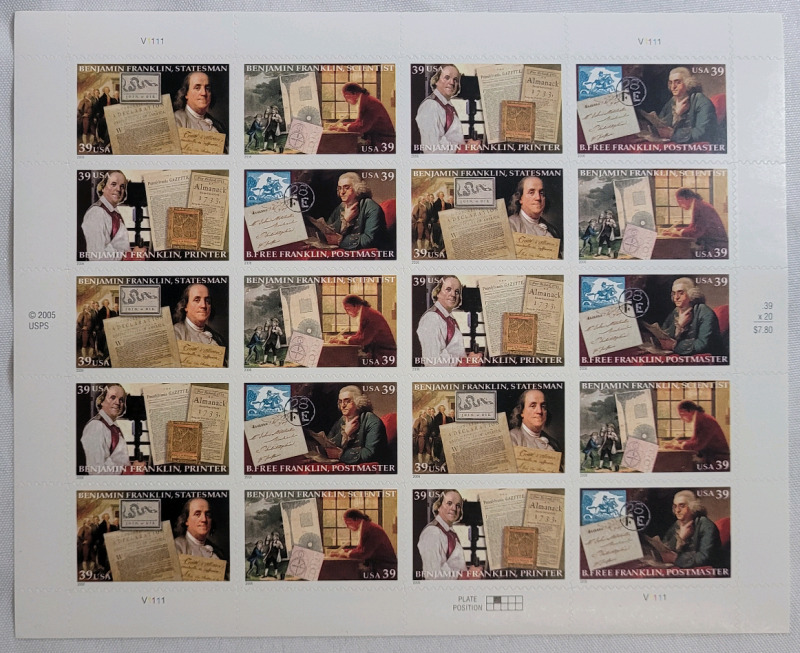 2005 US Postal ' Benjamin Franklin ' 39 Cent Postage Stamp Panel , 20 Stamps