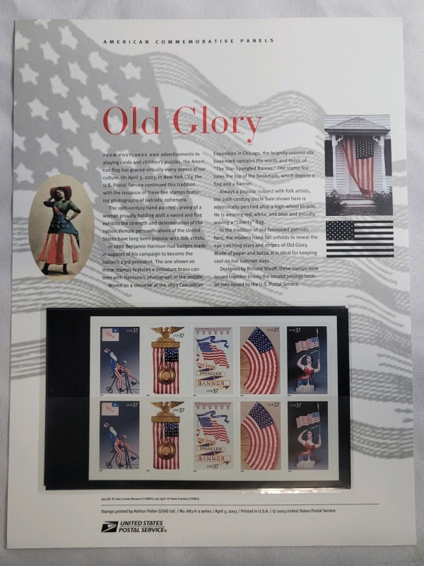 2003 US Postal ' Old Glory : American Flag ' 37 Cent Postage Stamp Panel , 10 Stamps