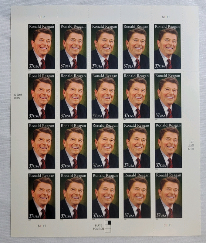 2005 US Postal ' Ronald Reagan ' 37 Cent Postage Stamp Panel , 20 Stamps