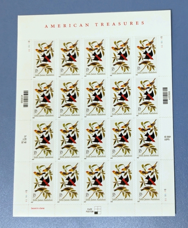 2002 US Postal ' American Treasures John James Audubon ' 37 Cent Postage Stamp Panel - 20 Stamps