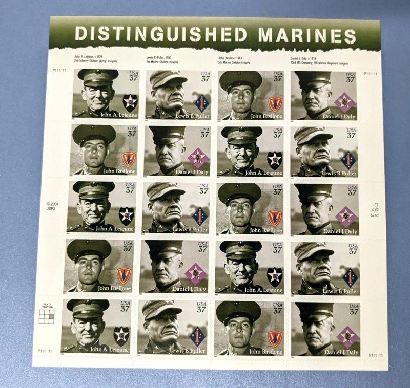 2005 US Postal ' Distinguished Marines ' 37 Cent Postage Stamp Panel - 20 Stamps