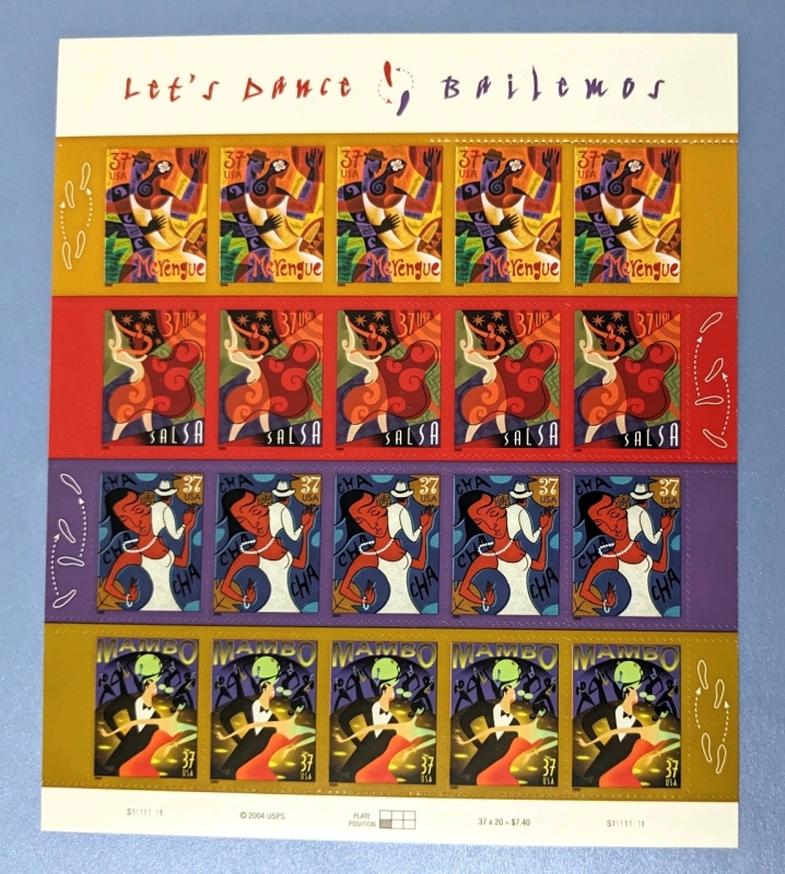 2005 US Postal ' Let's Dance Bailemos ' 37 Cent Postage Stamp Panel - 20 Stamps