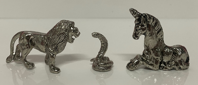 36 Vintage Cast Pewter miniatures : small cobra, Large lions & Unicorns (12 ea)