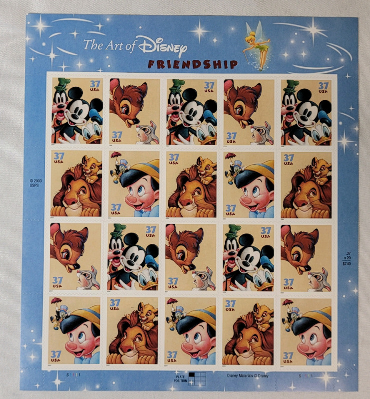 2004 US Postal ' the Art of Disney FRIENDSHIP ' 37 Cent Postage Stamp Panel , 20 Stamps
