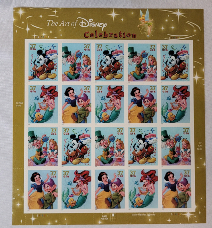 2005 US Postal ' the Art of Disney CELEBRATION ' 37 Cent Postage Stamp Panel , 20 Stamps