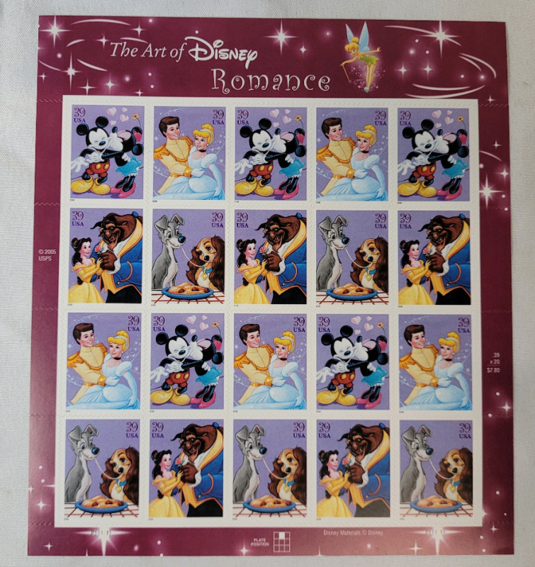 2006 US Postal ' the Art of Disney ROMANCE ' 39 Cent Postage Stamp Panel , 20 Stamps
