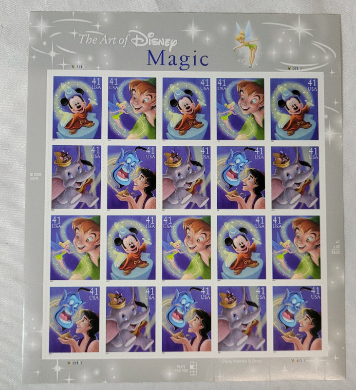 2007 US Postal ' the Art of Disney MAGIC ' 41 Cent Postage Stamp Panel , 20 Stamps