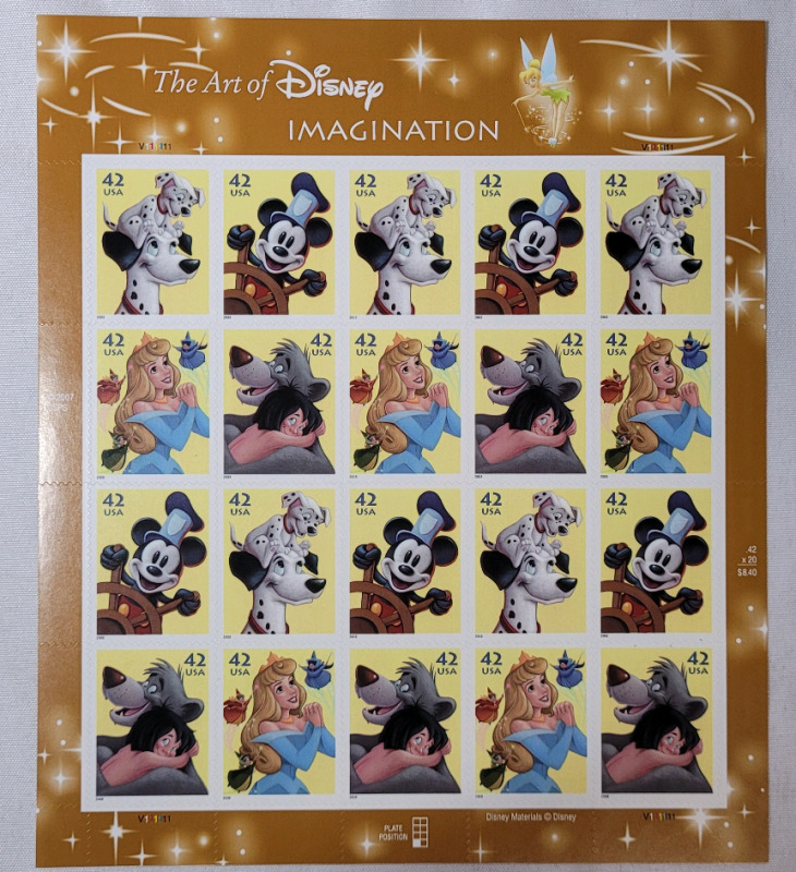 2008 US Postal ' the Art of Disney IMAGINATION ' 42 Cent Postage Stamp Panel , 20 Stamps