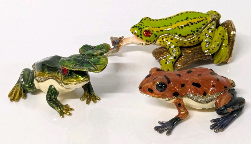 3 Enameled Frog Themed Trinket Boxes