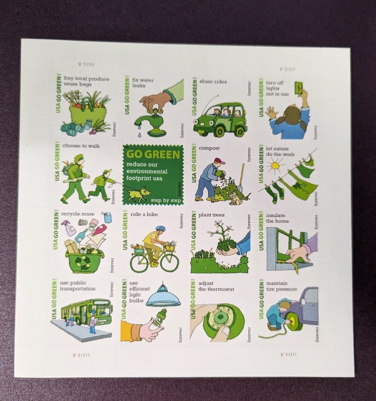 2010 US Postal "Go Green" First Class Stamp Panel. Unused.