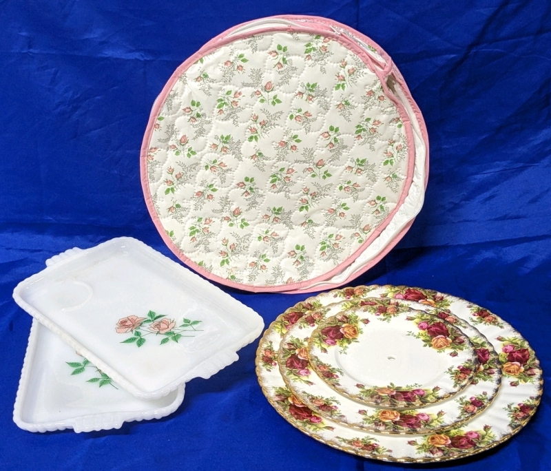 Twin Fire King Anniversary Rose Milk Glass Snack Plates, Royal Albert "Our Country Rose" 3-Tier Plates w/o Stand & Dishware Caddy