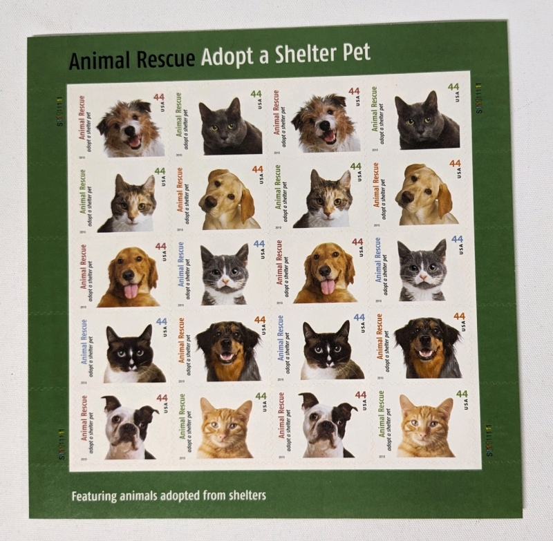 2010 US Postal ' Animal Rescue : Adopt a Shelter Pet ' 44 Cent Postage Stamp Panel - 20 Stamps