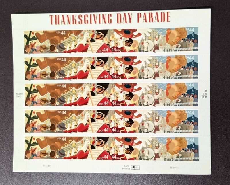2009 US Postal ' Thanksgiving Day Parade ' 44 Cent Postage Stamp Panel - 20 Stamps